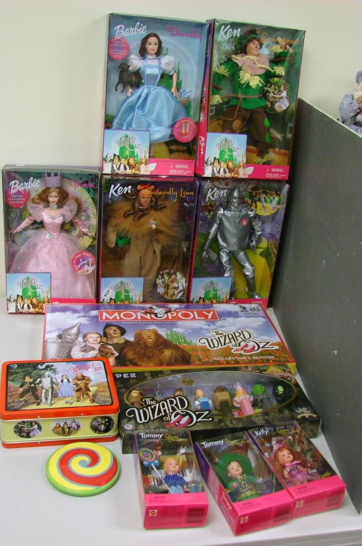 Wizard of Oz Lot: Barbies, Monopoly, Pez, Lunch Bx: Wizard of Oz Lot: Barbies - Glenda, Dorothy, Lion, Tin Man, Scarecrow, 3 Munchkins, Collectors Monopoly, Pez, Lunch Box, ruby slipper salt & pepper shakers.