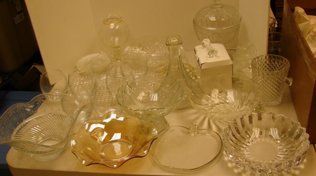 25+ Pieces Vintage Glass & Crystal: 25+ Pieces Vintage Glass & Crystal including serving bowls, box of 6 crystal knife holders, decanter, small ice bucket, 7 dessert glasses (can be used for bananas foster!), heavy Orrefors bowl, etc.