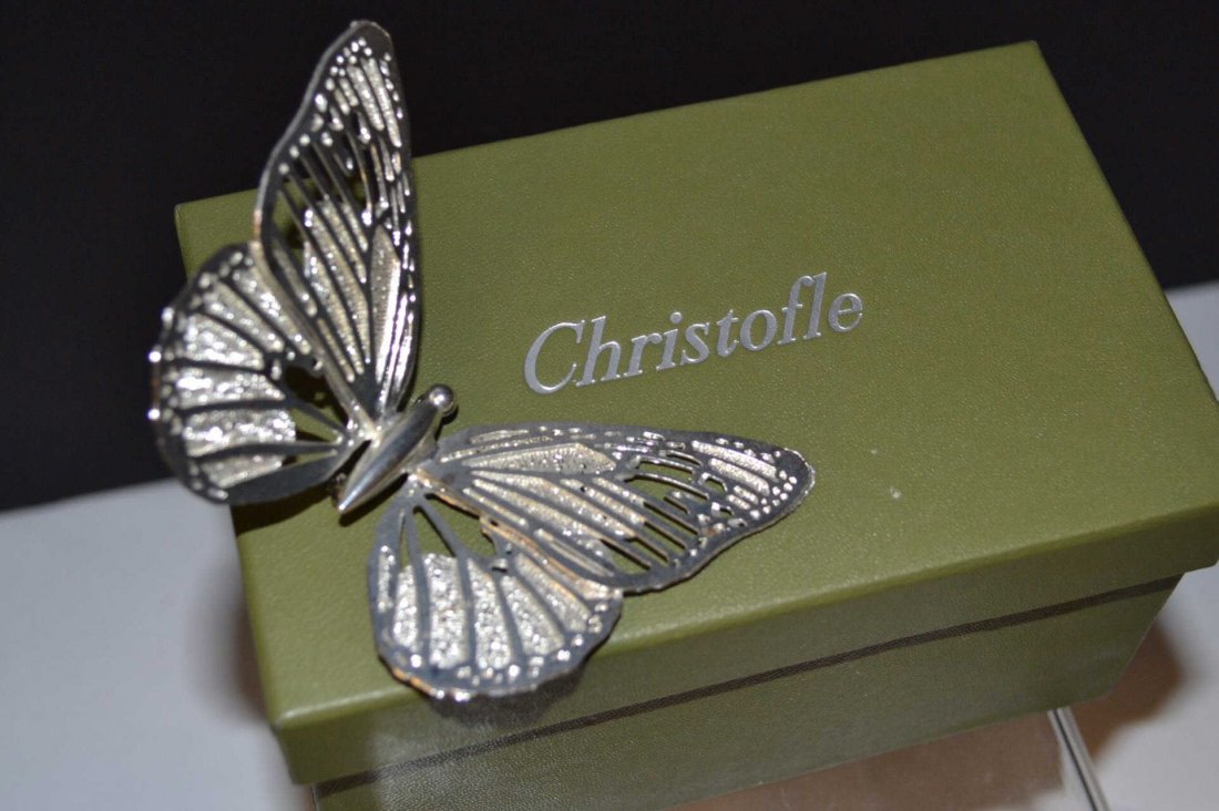 Silver Butterfly Pin By Christofle: Silver butterfly pin by Christofle with a 3 1/2" wing span, 2 1/2" in width.