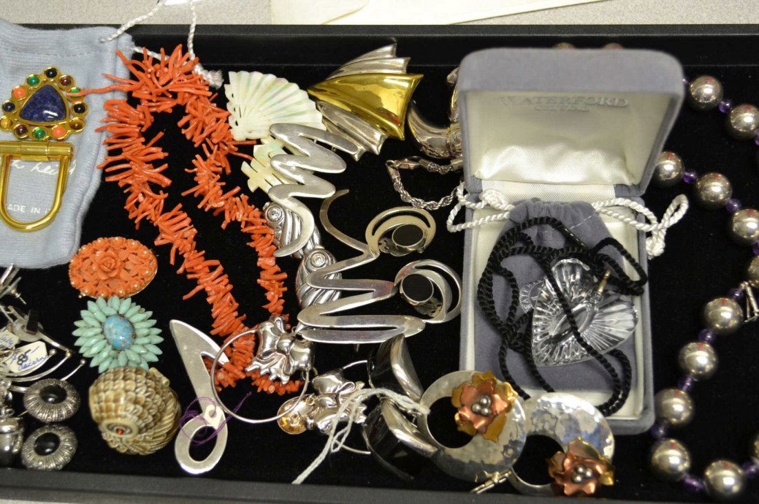 Lot of Sterling, Turquoise & Coral Jewelry: Lot of sterling jewelry, Christian Bernard earrings,Judith Leiber key chain, Waterford pendant, vintage turquoise and coral jewelry and more.