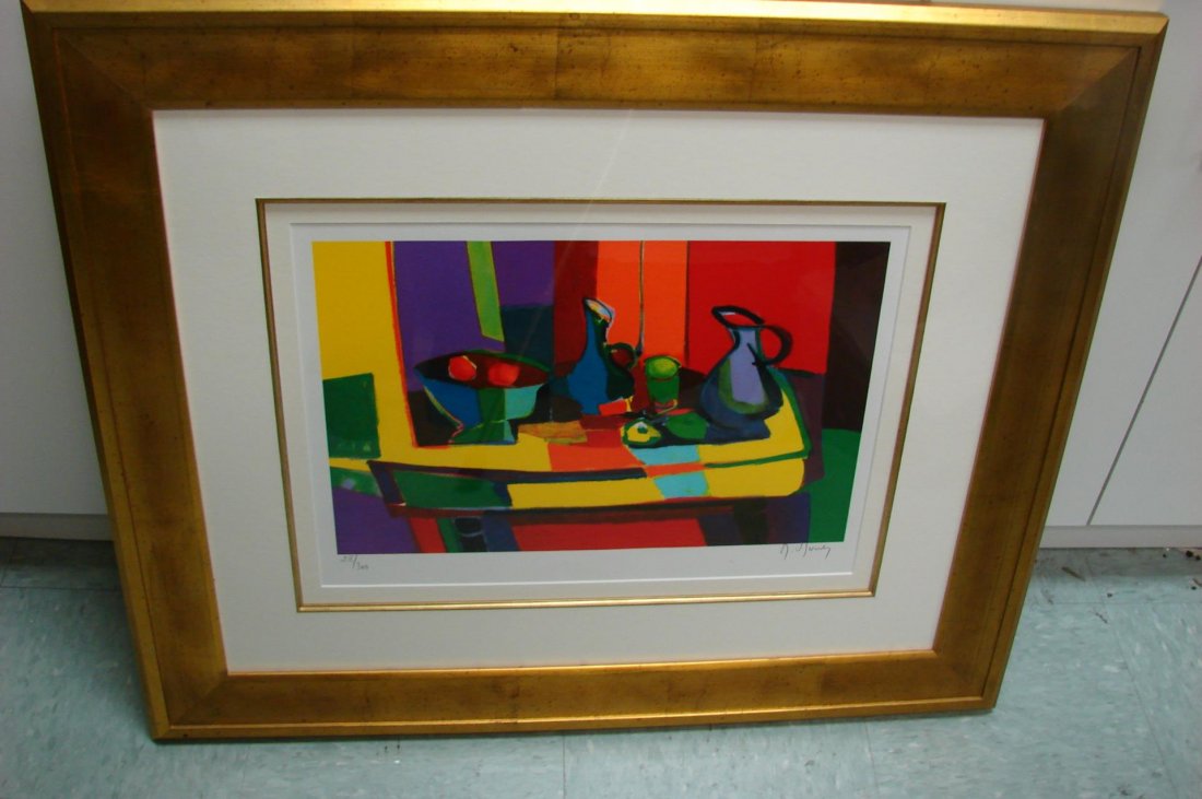 Marcel Mouly Print "Compotier aux Deux Pinchets": Framed in Heavy Gold Wood Marcel Mouly Print "Compotier aux Deux Pinchets" 33.5" x 28". Mouly's work is exhibited in museums such as the Musee Nationale d'art Modern in the Centre Georges Pompidou and