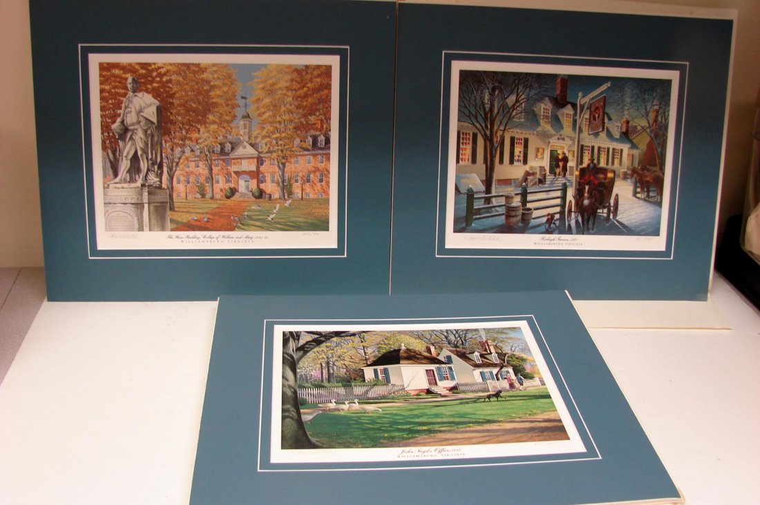 3 Signed Don Whitlatch Prints - Williamsburg VA.: 3 Signed Don Whitlatch Prints of various scenes in Williamsburg VA. Ltd. Ed. Each print has a "Williamsburg Blue" mat. 12" x 14". . A Whitlatch painting of the American bald eagle was presented to the