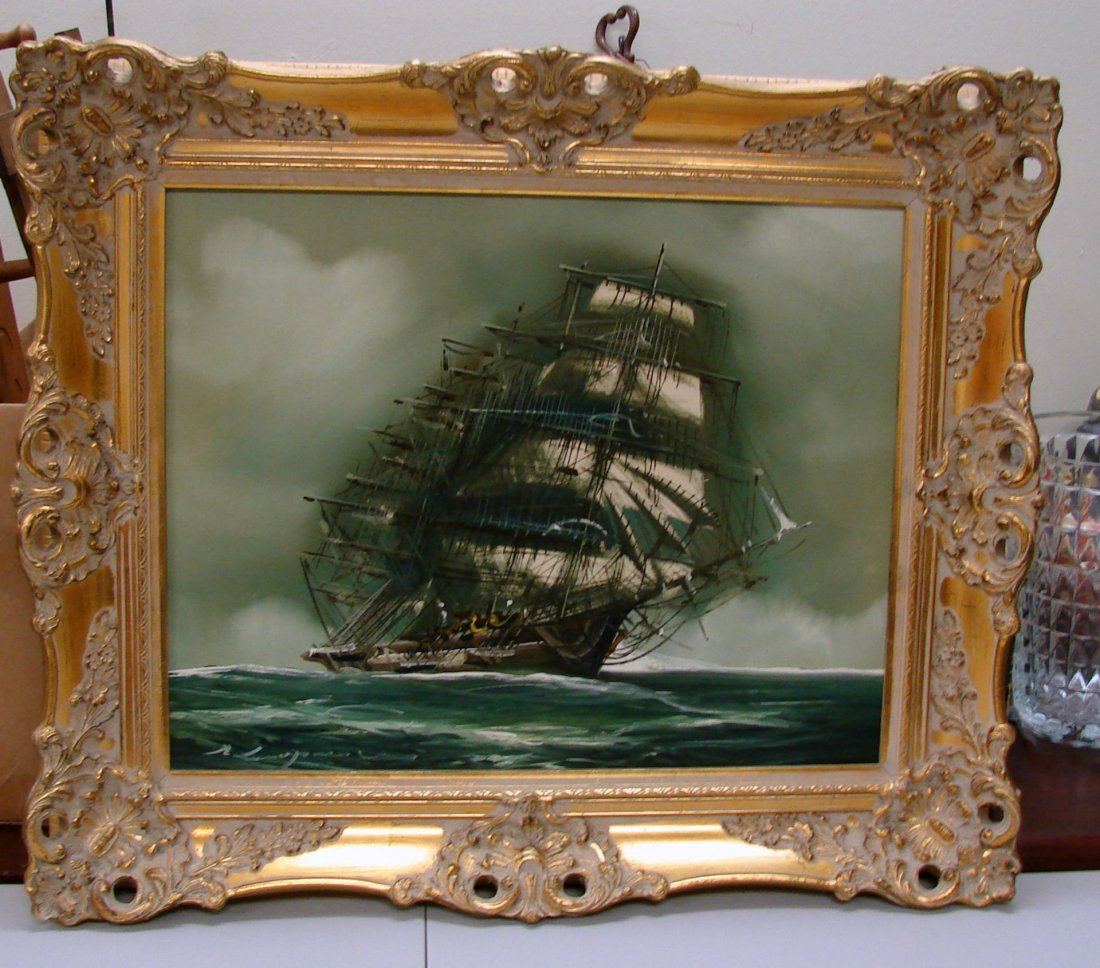 Ornate Gold Framed Orig. Oil of a Sailing Ship: Ornate Gold Framed Orig. Oil of a Sailing Ship, frame marked made in Holland; can't read signature, 26.5" x 22.5"