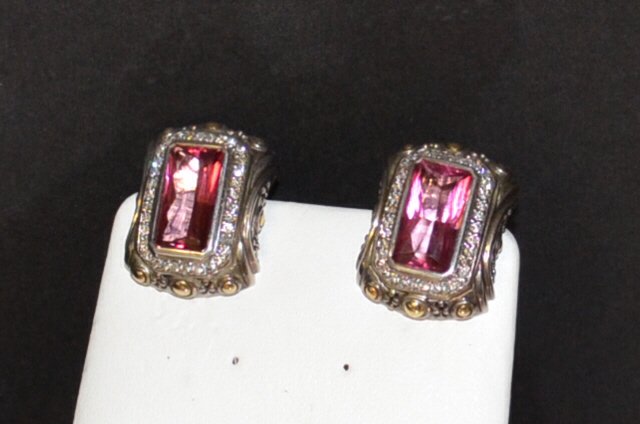 Sterling Pink Tourmaline Earrings By John Hardy: Sterling and 18k pink tourmaline and diamond earrings by John Hardy with fancy rectangular cut pink tourmaline weighing approx. 8ctw, surrounded by prong set diamonds .75ctw with omega backs. 14.7gm