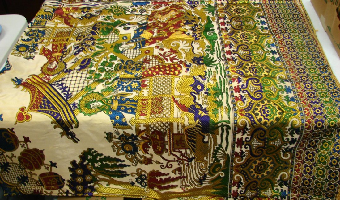 Embroidered Tablecloth or Bed Throw - Jewel Colors: Embroidered Tablecloth or Bed Throw - Jewel Colors, Asian scene - approx. 100" x 76"; brought back from Viet Nam in the 1970's.