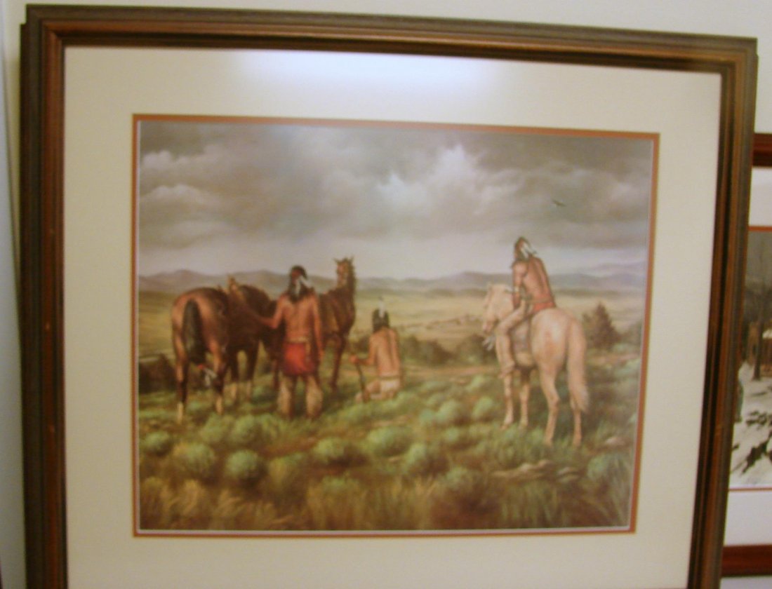 Framed Signed Print of Indians by C.E. Breeding: Beautifully Framed & Matted Signed Print of 3 Indians in a summer scene by C.E. Breeding, #141/200; 29" x 23.5"; under non-glare glass.