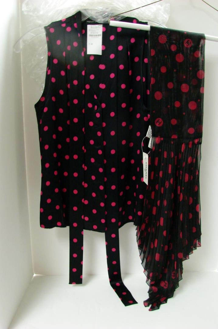 Rena Lange Polka Dot Vest & Chanel Scarf: Rena Lange Black & Pink Silk Polka Dot Vest & Black & Pink Pin-tuck Pleated Chanel Scarf , which matches. Vest measures 10" across, 21" long; Scarf is 64" long. Both new with tags. Purchased at Neiman