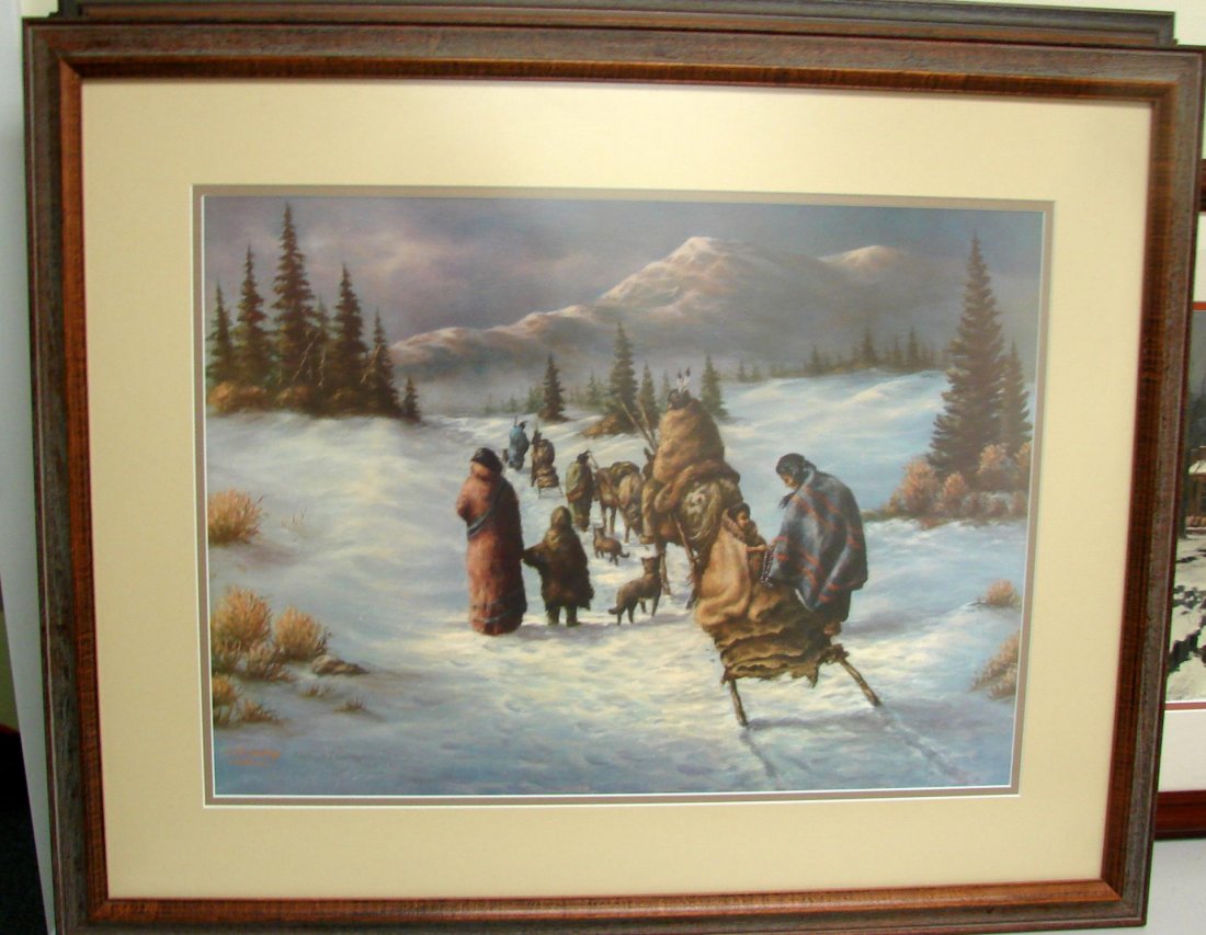 Framed Print of an Indian Family by C.E. Breeding: Beautifully Framed & Matted Signed Print of an Indian Family traveling in a winter scene by C.E. Breeding, #141/200; 29" x 23.5"; under non-glare glass.