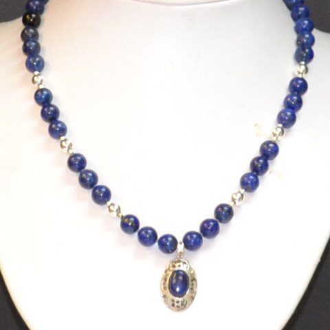 Lapis Bead Necklace & Earrings: NEW lapis bead necklace, 20" in length with 10mm lapis beads, 8mm sterling silver ball separators, lapis and marcasite drop and matching earrings.