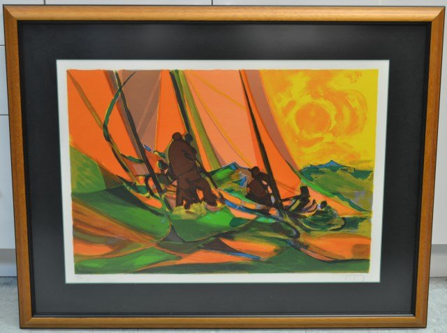 Marcel Mouly Signed Lithograph, Sail Boats: Marcel Mouly Signed Lithograph title: Boatman with Orange Sail 106/220. Size 35 1/2" x 27 1/2".