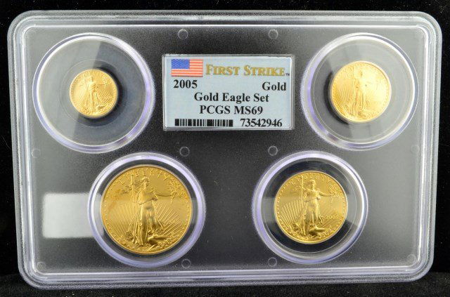 2005 Gold Amer. Eagle Set PCGS MS 69 FS 1.85 ozt.: 2005 Gold American Eagle Set of 4 PCGS MS 69 First Strike in Plastic Holder - 1/10 oz. ($5), 1/4 oz. ($10), 1/2 oz. ($25), 1 oz. ($50), 1.85 ozt.