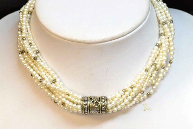 Sterling & Pearl Necklace By Mignon Faget: Sterling pearl necklace by Mignon Faget, 9 strands of 4mm pearls, small sterling beads, Acanthus rondelle, 17" in length with sterling clasp.