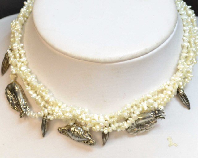 Sterling Pearl Crawfish Necklace Mignon Faget: Sterling pearl necklace by Mignon Faget with sterling crawfish and clam charms, 4 strands of fresh water pearls, 18" ln length with matching earrings.