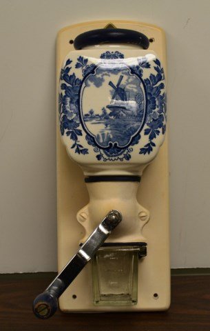 Vintage Delft Blue Porcelain Coffee Grinder: Vintage Delft Blue Porcelain Coffee Grinder, with glass jar has a few chips, and wood top.