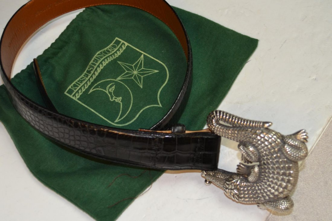 Sterling Alligator Belt Buckle Kieselstein-Cord: Sterling alligator belt buckle by Kieselstein-Cord measuring 3x3 1/2" with 32" Ralph Lauren black leather belt.