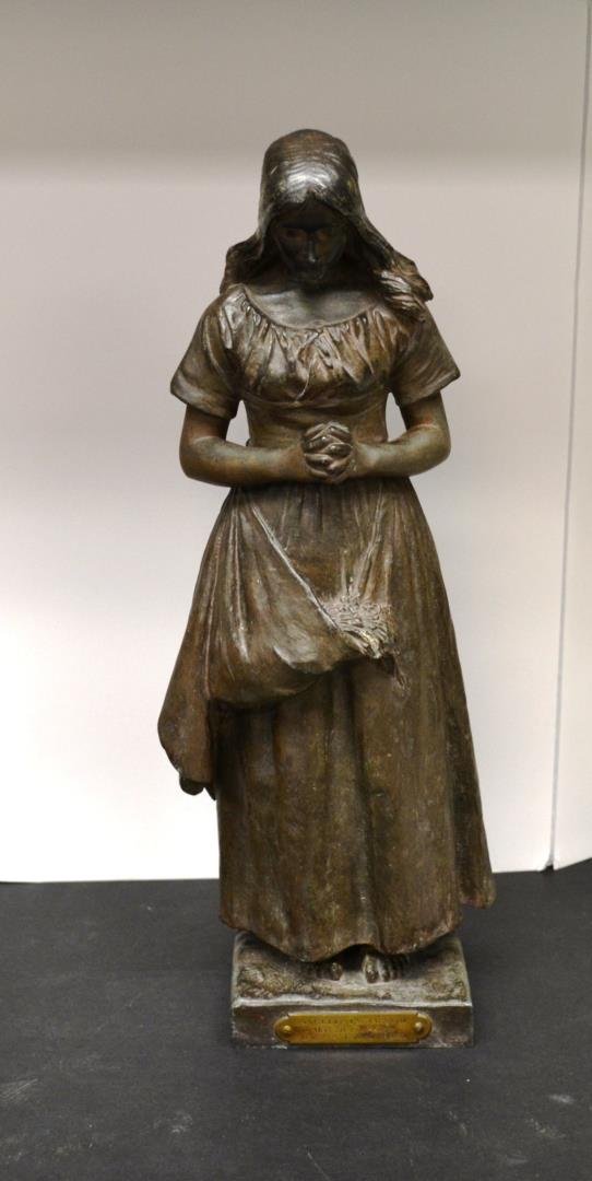 Patinated metal sculpture Angelus par Jacquot: Patinated metal sculpture Angelus par Jacquot. Has been repaired. Measures16" tall.