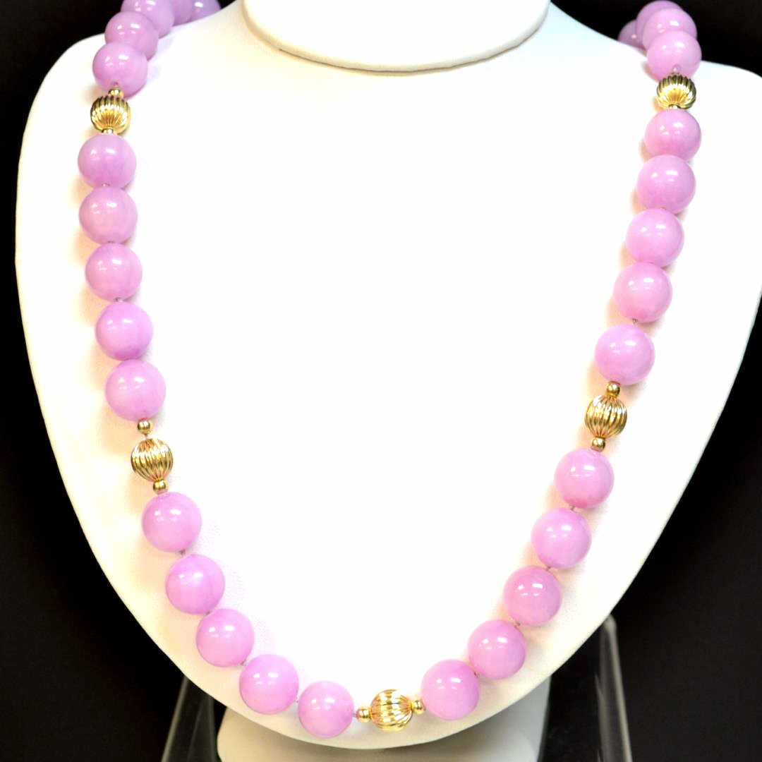Pink Jade Necklace With Earrings: Pink jade bead necklace with 14mm pink jade beads, single knotted, 24" in length, 10mm ribbed and 4mm smooth 14k gold filled separators, with matching earrings.