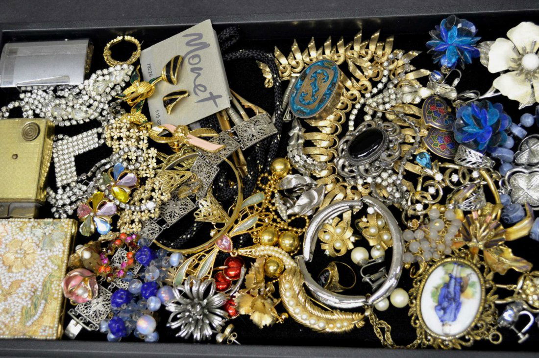 Lot of Costume Jewelry: Lot of costume jewelry with Coro, Crown Trifari, lighters, compact, Napier, tie clips, vintage Sara Coventry and Danecraft and more.