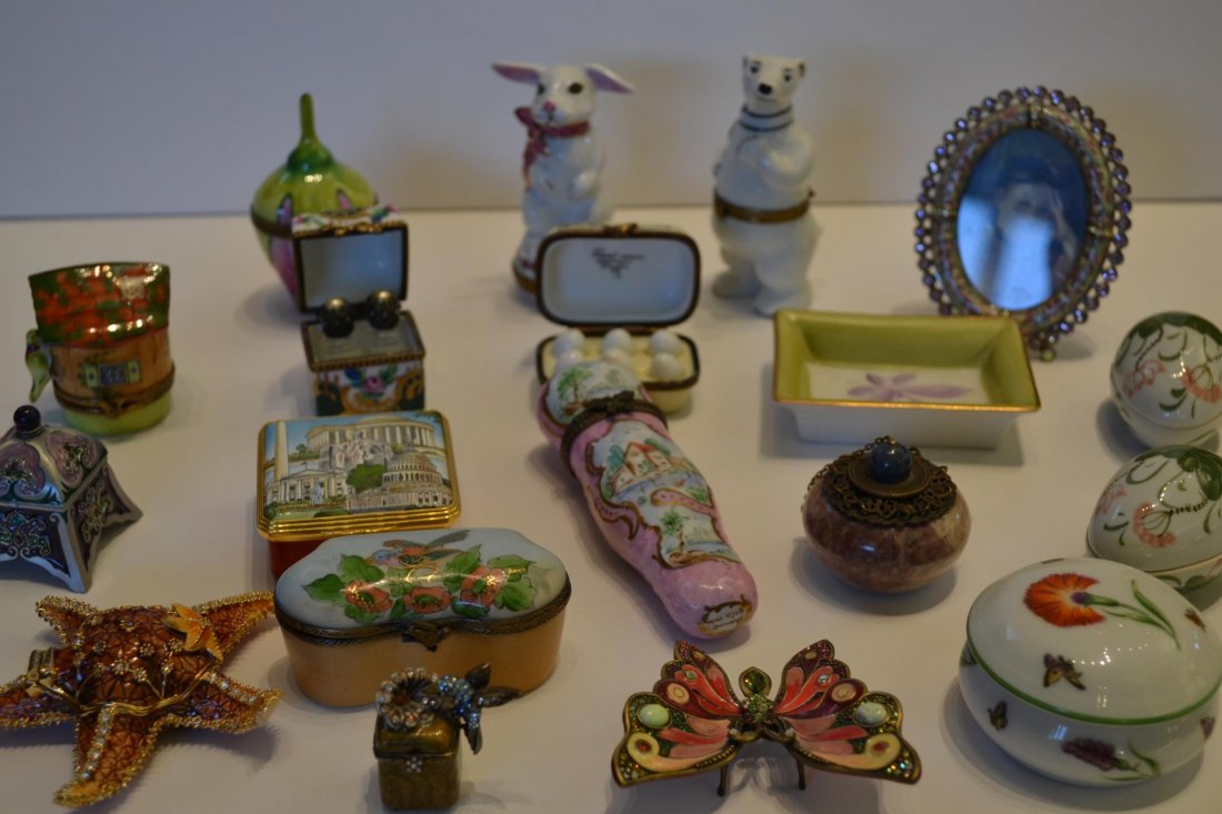 Group of Miniatures: Group of enameled miniatures including pill boxes, tray and a frame, most are by Limoges, France and Jay Strongwater, 1" to 4"h.