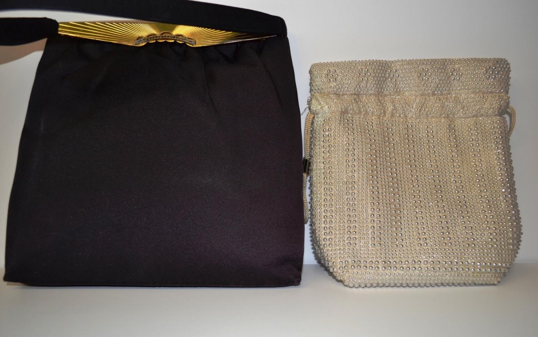 Two Designer Purses: A black cloth purse with gold metal mount by Rosenfeld, with interior accessories, 9"h. together with a beaded purse by the Fine Arts Bag Co., 8"h.