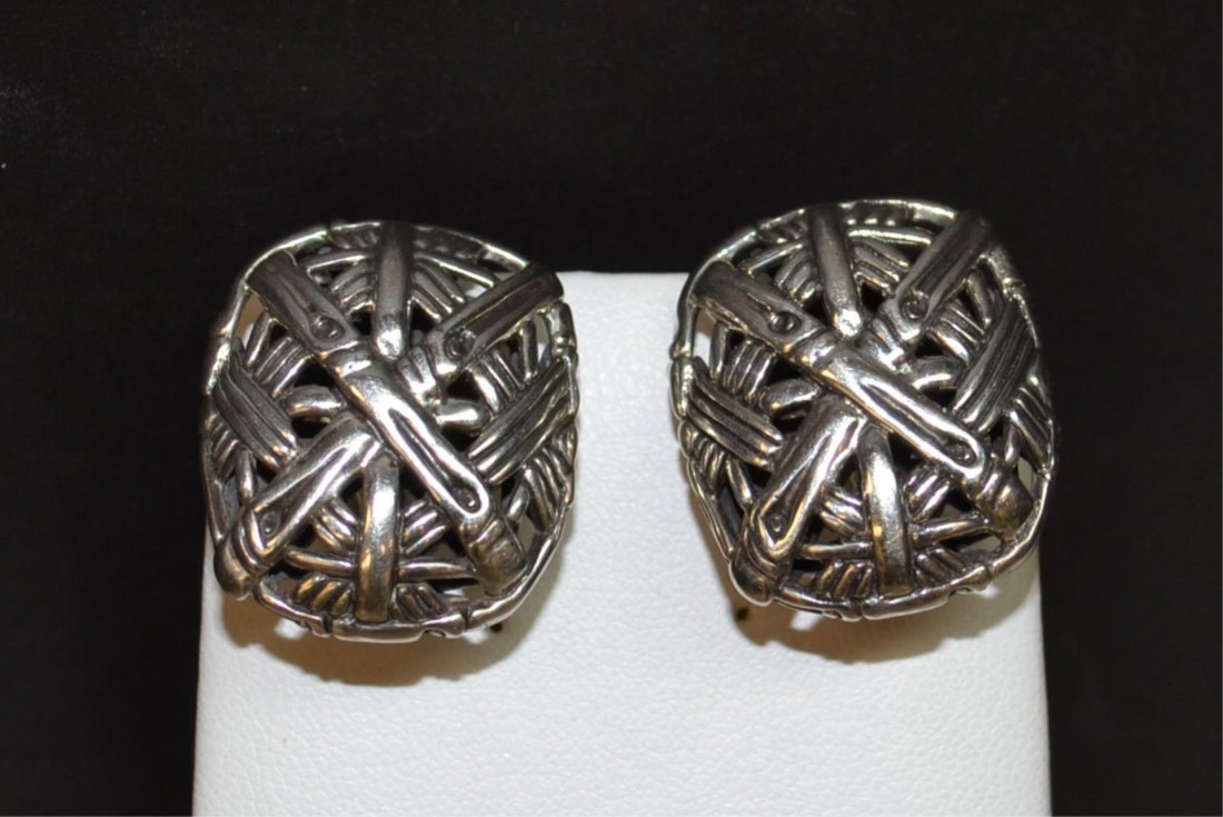 John Hardy Bamboo Takraw Earrings: Sterling bamboo takraw large square earrings by John Hardy, measuring 1x3/4" with omegas backs.