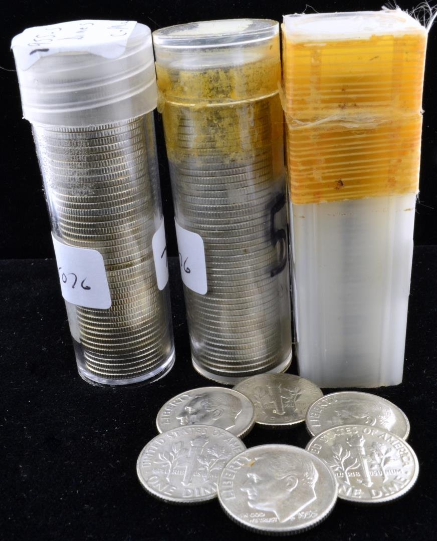 1955 P, D, & S Roosevelt Dimes 50 Piece BU Rolls: 1955 P, D, S Roosevelt Dimes 50 Piece BU Rolls (150 Total)