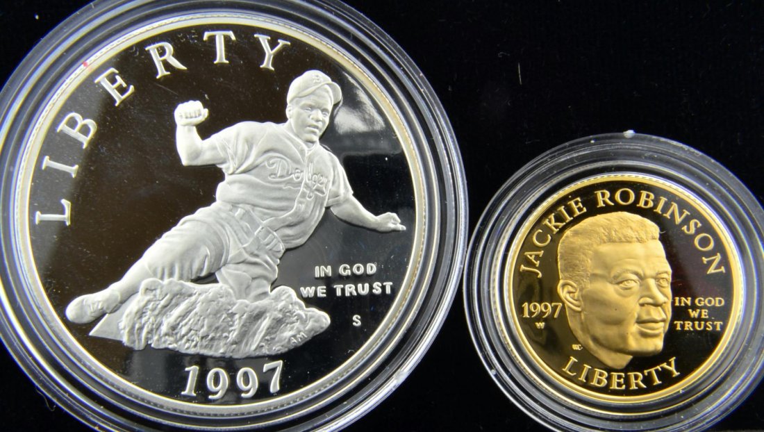 1997 Jackie Robinson 2-Coin S$1&$5 Gold Proof Set: 1997 Jackie Robinson 50th Anniversary Commemorative 2-Coin 1997 S Silver $1 & 1997 W $5 Gold Proof Set with Boxes and COA