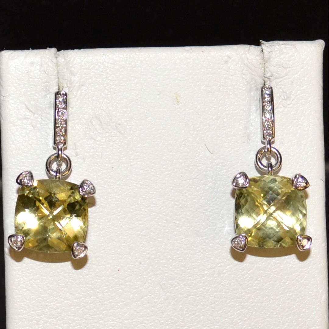 14kwg Lemon Quartz & Diamond Drop Earrings: 14kwg lemon quartz and diamond earrings with 2 cushion shaped lemon quartz, prong set, weighing 5.8ctw with diamonds on each prong and bale, weighing .10ctw, 3/4" in length. 5.5gm