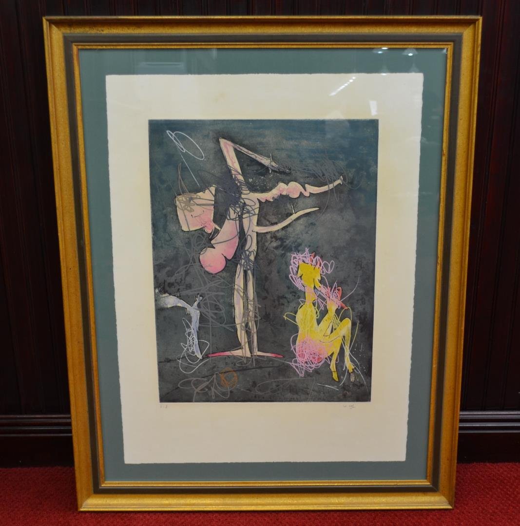 Roberto Sebastian Matta titled Flute et Flutiste: Roberto Sebastian Matta titled Flute et Flutiste, signed lower right corner and marked E.A. ( Epreuve d’artiste), or artist proof. Frame size 30" x 38".