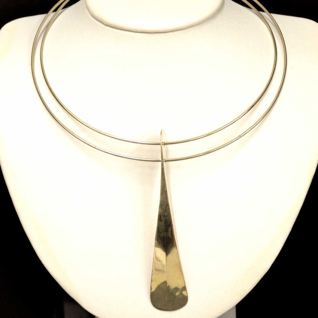 Sterling Necklace By Robert Lee Morris: Sterling necklace by Robert Morris, RLM Studio, modernist pendant necklace, double wires with 4" sterling drop, 16 inside diameter.