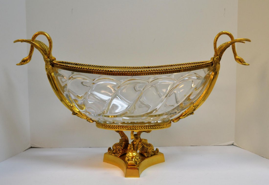 Bronze mounted centerpiece with swan handles: Bronze mounted centerpiece with swan handles and footed with 3 dolphins. The cut crystal bowl is signed Martin CF Benito, made in France. Purchased at the L' Excellence Design inc. Versace home signat