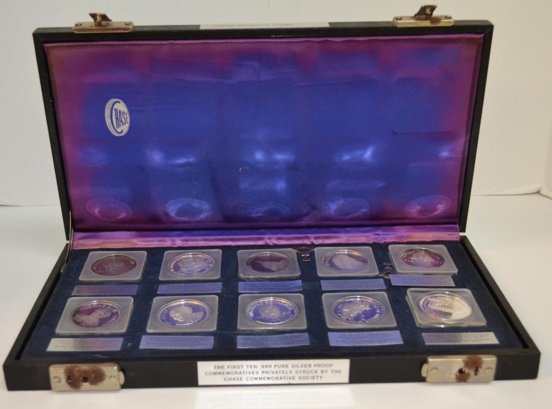 Chase Commemorative Society silver proof set: THE FIRST 10 .999 SILVER PROOF ROUNDS OF THE CHASE COMMEMORATIVE SOCIETY OF VARIOUS HISTORICAL EVENTS DEPICTED IN SILVER A VERY RARE "FRANKLIN MINT" SET AND ONE OF THE VERY FEW THAT WAS EVER MADE IN .