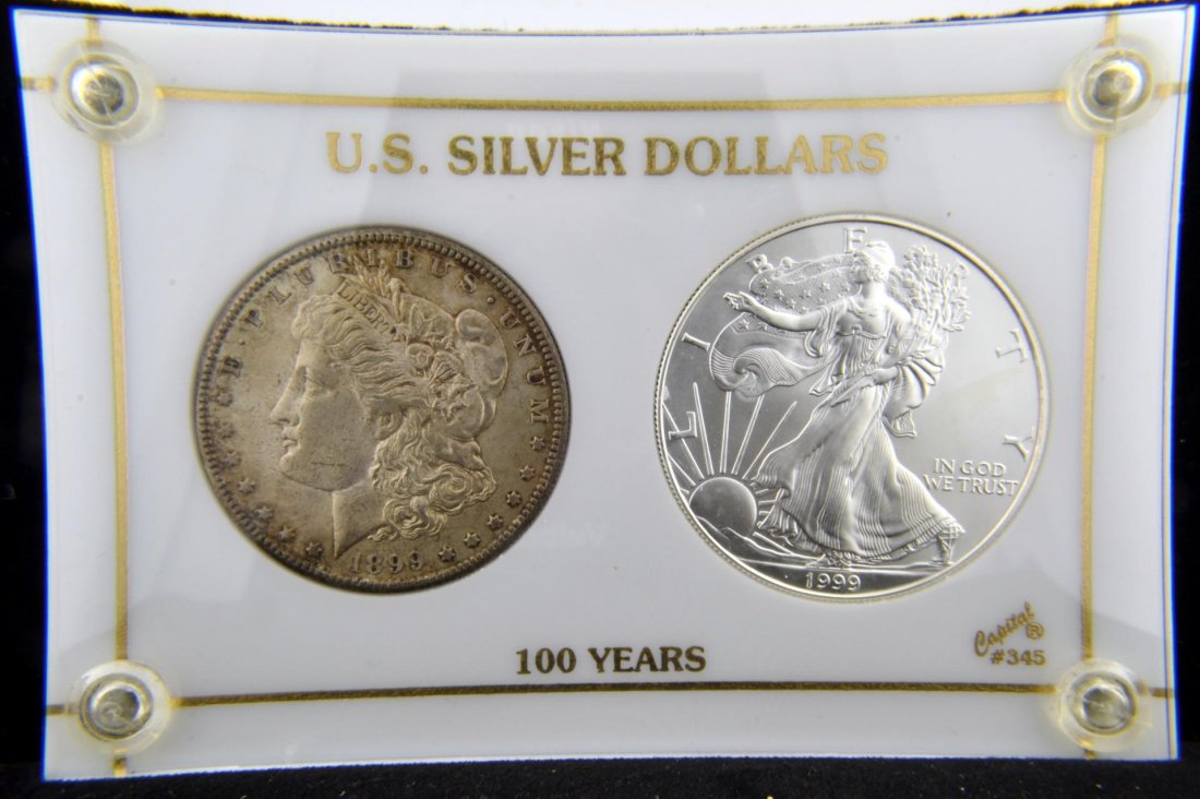 1899 O Morgan & 1999 American Eagle Silver Dollars: 1899 O Morgan & 1999 American Eagle Silver Dollars (100 Years) in Capital Plastic Holder #345