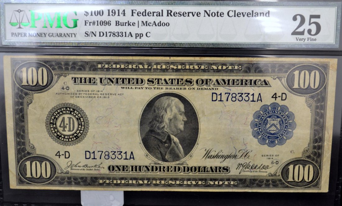 1914 $100 FRN Blue Seal Cleveland OH PMG VF 25: 1914 $100 Federal Reserve Note Blue Seal Cleveland, OH PMG VF 25 Staining, Annotations - Burke/McAdoo, S/N D178331A pp C, Fr#1098