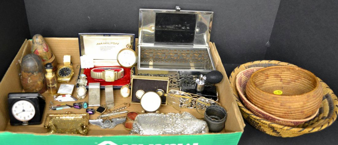 Good Group Of Miscellaneous: Good Group Of Miscellaneous. Includes: two Whiting & Davis mesh purses, 4" and 5"h., two Sterling money clips by Tiffany and Dunhill, 2 1/4" and 2 1/2"l., an early set of nesting dolls, 5 1/4"h., a Ge