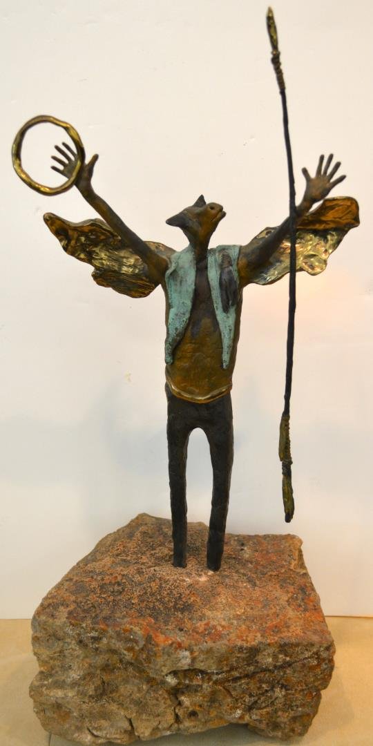 Bill Worrell (Texas 1936-) Bronze Sculpture: Bill Worrell (Texas 1936-) Bronze Sculpture. "Shaman of Fate Bell Shelter", with painted accents and resting on a stone base, 9 of 17, with C.O.A., 20 1/4"h.