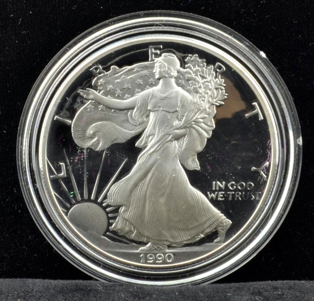 1990 S American Silver Eagle Dollar PF w/Box&Paper: 1990 S American Silver Eagle Dollar Proof with Box & Paper