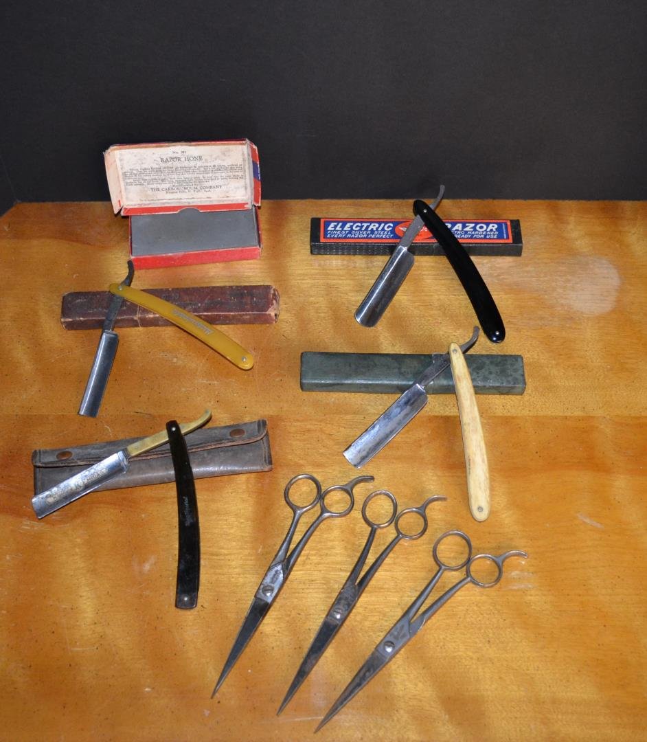 Lot of vintage Straight Razors & Scissors: Lot of vintage Straight Razors & Scissors; Henckels scissors, Pearl Duck scissors, F.W. Engels scissors, King Midas- King special MFG, Jas. T. Scott Germany razor and box, Electric razor company Razor