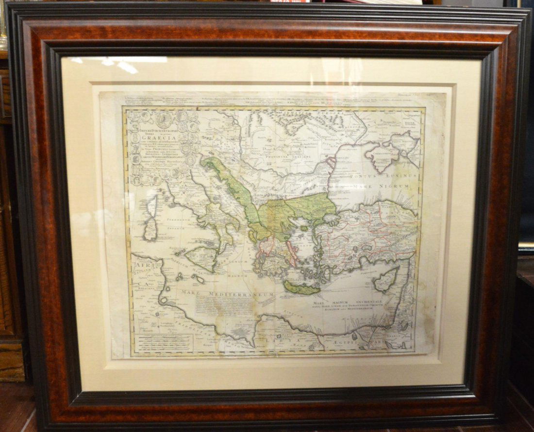 1741 Map Of Imperial Greece: 1741 Map Of Imperial Greece. Hand colored copper engraved map showing the Mediterranean and parts of Europe and Africa, by Homann Heirs, 20 1/2"h. 25"w., framed and matted, 33 1/4"h. 38 1/4"w.