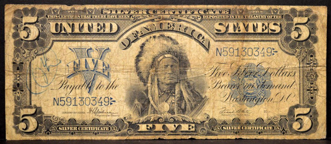 1899 $5 Silver Certificate Onepapa Large Note Good: 1899 $5 Silver Certificate 'Onepapa' Large Note Good, Speelman/White, Serial #N59130349, Fr. 281. The 1899 $5 silver certificate is one of the more iconic five dollar bills. It features a portrait of