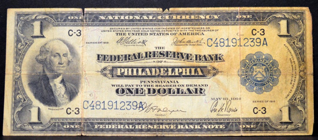 1918 $1 Federal Reserve Bank Philadelphia, PA VG 8: 1918 (May 18, 1914) $1 The Federal Reserve Bank of Philadelphia, Pennsylvania Large Note Very Good 8, Elliott/Burke, Serial #C48191239A, Fr. 717