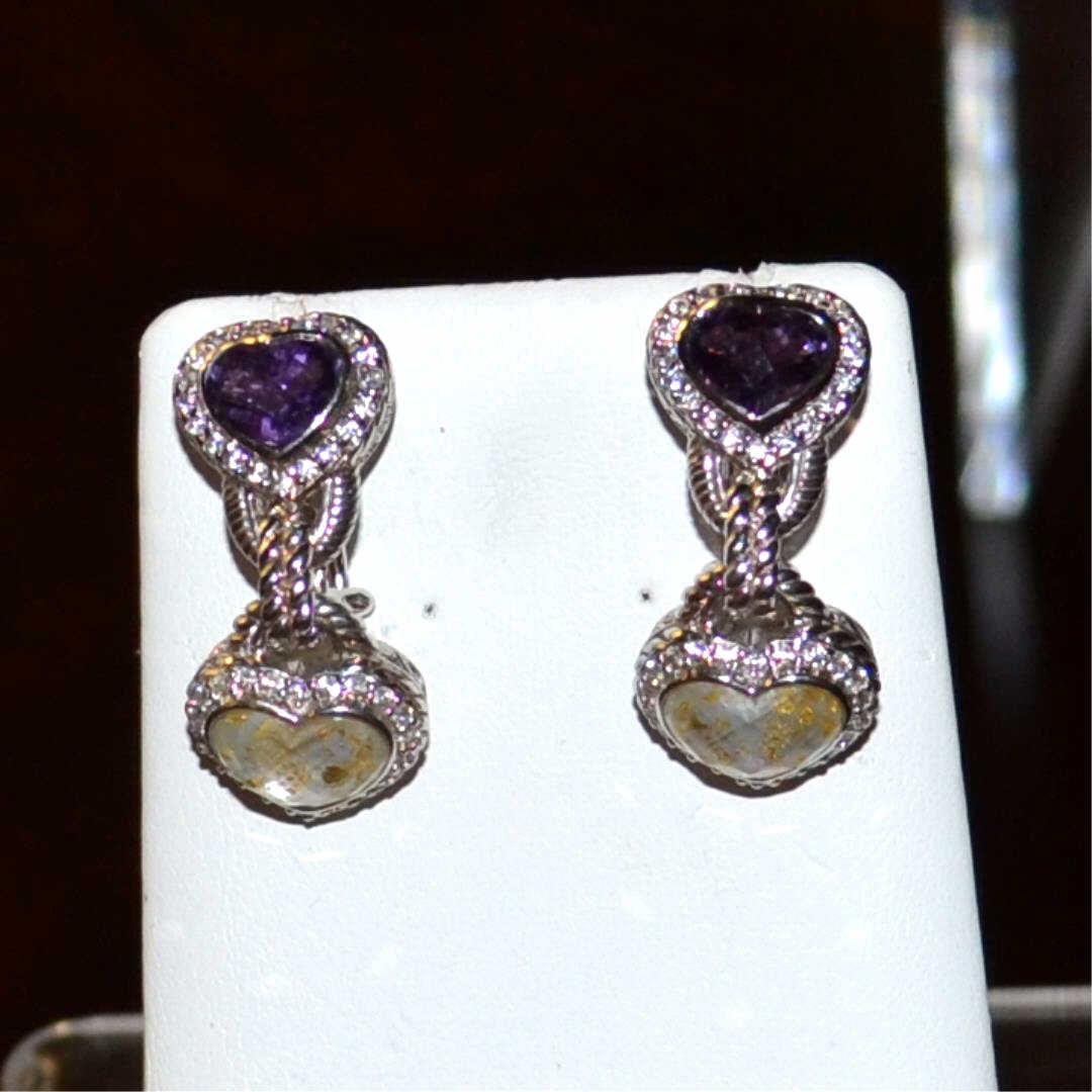 Sterling Amethyst Heart Earrings Judith Ripka: Sterling amethyst Diamonique heart earrings by Judith Ripka with heart shaped amethyst, along with quartz heart shaped drop, 1 1/2" in length with omega backs.