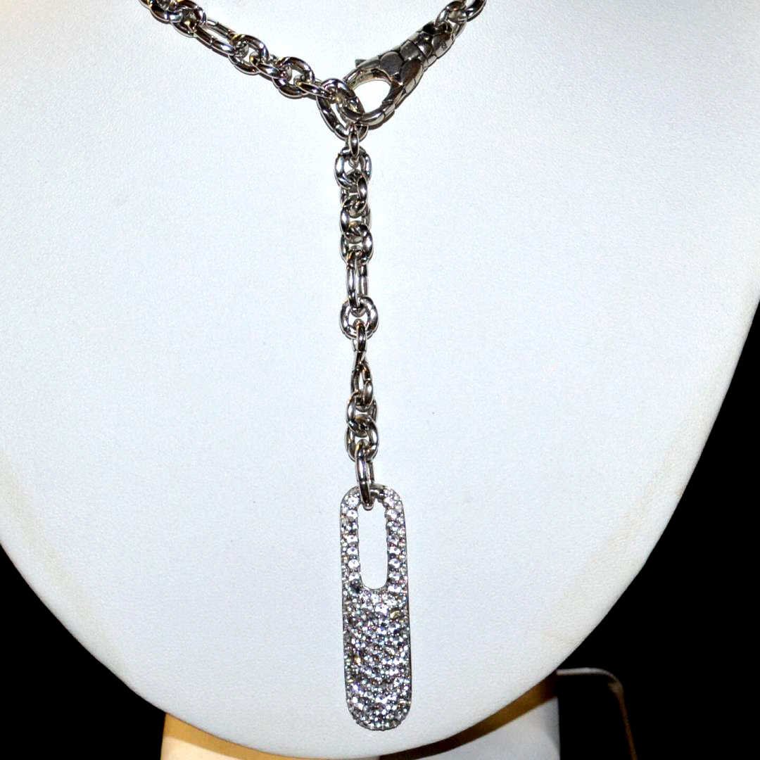 Sterling Kali Necklace By John Hardy: Sterling Kali necklace by John Hardy , pebble design with 2" tag of white topaz, prong set, 24" in length with large lobster clasp. 70gm