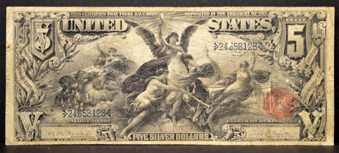 1896 $5 Educational Silver Certificate Lg. Note VG: 1896 $5 "Educational" Silver Certificate Large Note Very Good, Bruce/Roberts, Serial #24658128, Fr. 269. The 1896 five dollar silver certificate is generally considered to be the most attractive piece