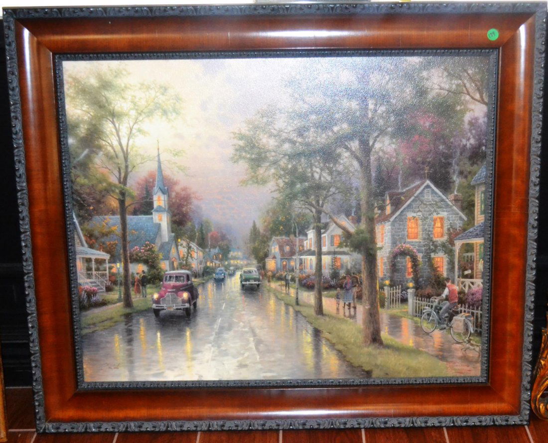 Thomas Kinkade "Hometown Morning": Thomas Kinkade "Hometown Morning". Le #506 on canvas, comes with COA. Frame size is 35 1/2 by 30.