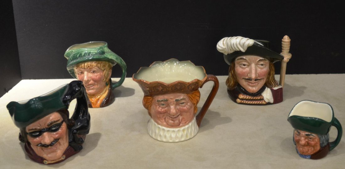 Lot of 5 Royal Doulton Toby Mugs: Lot of 5 Royal Doulton Toby Mugs; Dick Turpin d6535, Arriet 3" tall, Armais 4" tall, Old King Cole 3.25" tall, Philpotts 2.25