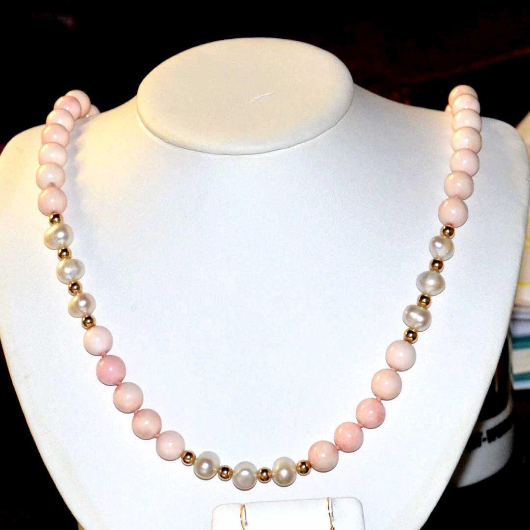 Pink Mother Of Pearl Necklace & Earrings: 24" strand of 10mm mother of pearl and cultured freshwater pearl necklace, single knotted with 5mm, 14k gold filled beads and matching earrings.