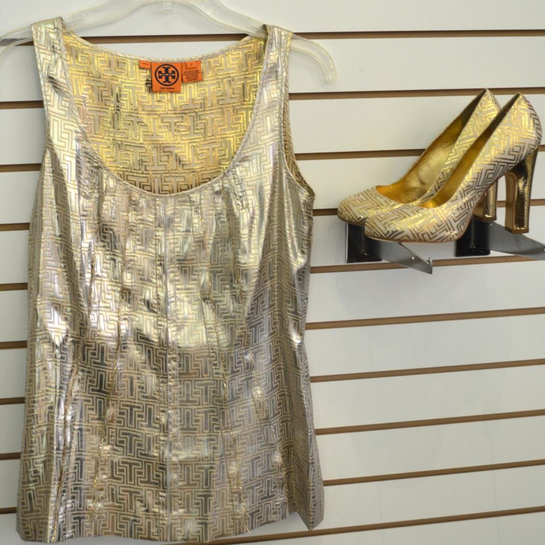 Tory Burch Pumps And Matching Blouse: Tory Burch Pumps And Matching Blouse. Metallic gold pumps, size 8 1/2, 4 1/2" heel, together with a matching sleeveless blouse, size 4.