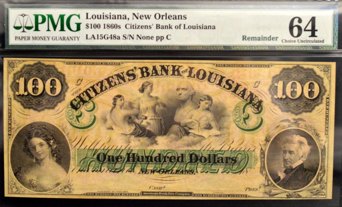 1860's $100 Citizens Bank LA New Orleans PMG CU 64: 1860's $100 The Citizens' Bank of Louisiana, New Orleans Obsolete Banknote Remainder PMG Choice Uncirculated 64, Small Tear, LA 15G48a S/N None pp C