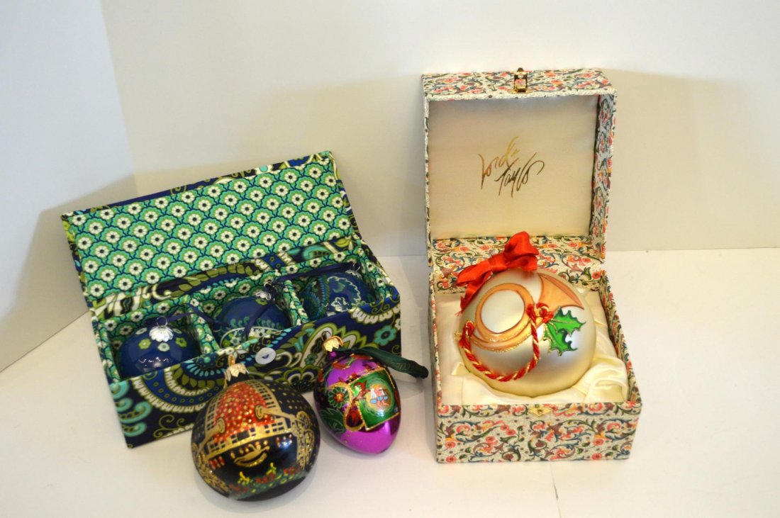 Six Designer Christmas Ornaments: Six Designer Christmas Ornaments. Three Vera Bradley in a fitted box, one from The Vatican Library Collection, one from the Elegance European Glass Collection and one from Lord & Taylor in a fitted bo
